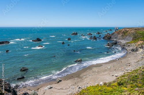 Incredible landscape of the coast. Beautiful blue sea. The waves rolled ashore and breaking on the rocks. Sonoma Coast State Park, California, USA © khomlyak