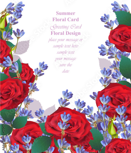 Summer watercolor roses flowers and lavender bouquet. Vector beauty invitatio...