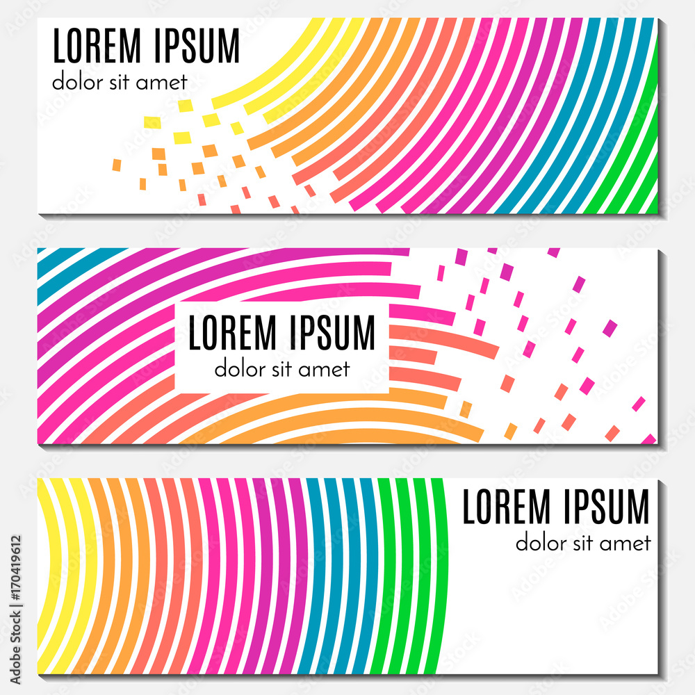 Set of colorful abstract header banners with curved lines, flying pieces and place for text. Vector backgrounds for web design.
