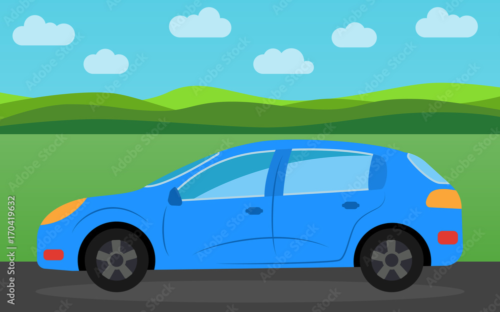 Blue sports car in the background of nature landscape in the daytime.  Vector illustration.
