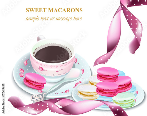 Chocolate and macaroons on a plate. Colorful dessert Vector realistic illustr...