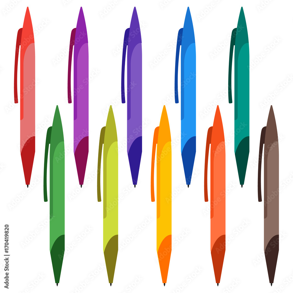 Set of multi-colored pens on a white background. Vector illustration.
Set of multi-colored pens on a white background. Vector illustration.