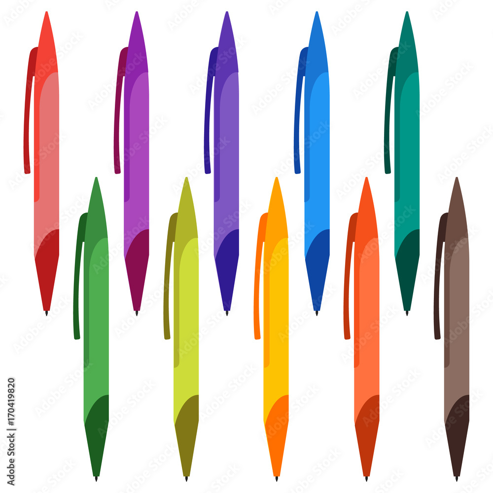 Set of multi-colored pens on a white background. Vector illustration.
