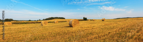 Panoramic view with straw bales in field