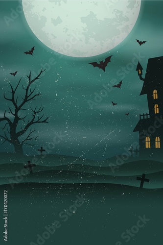 Halloween poster background. Foggy landscape of graveyard with old scary house, tree, bats, big moon.