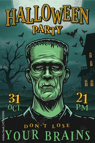 Halloween party poster with monster, zombie, house, tree and bats