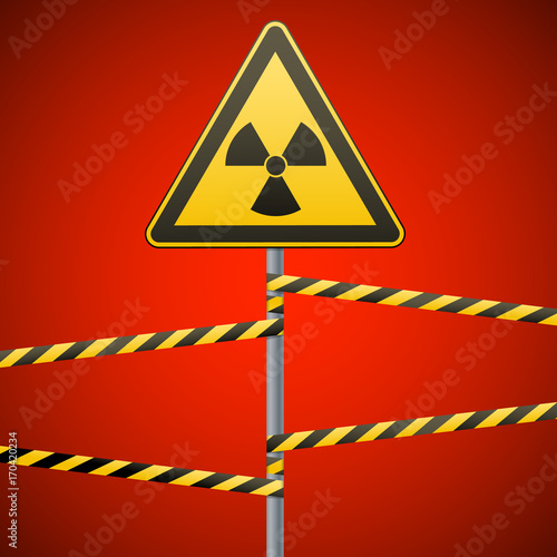 Warning sign on a pole and warning bands. Sign of radiation hazards. Vector illustration.