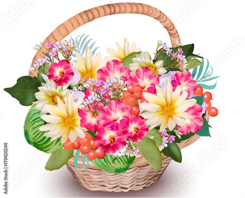 Realistic Floral Summer bouquet in a basket Vector. Beautiful decor detailed ...