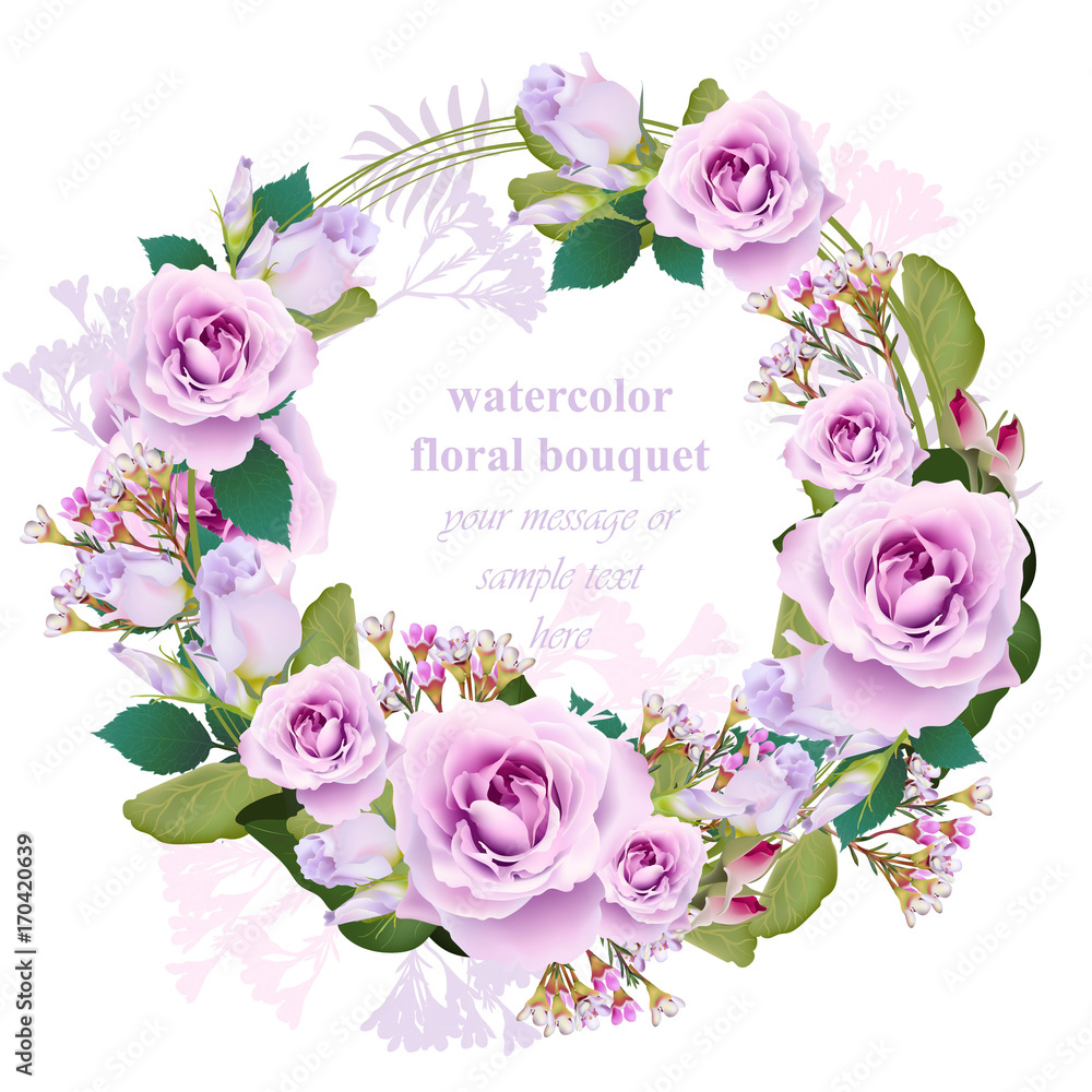 Roses floral round wreath frame card. Vintage delicate bouquet beauty Vector illustration