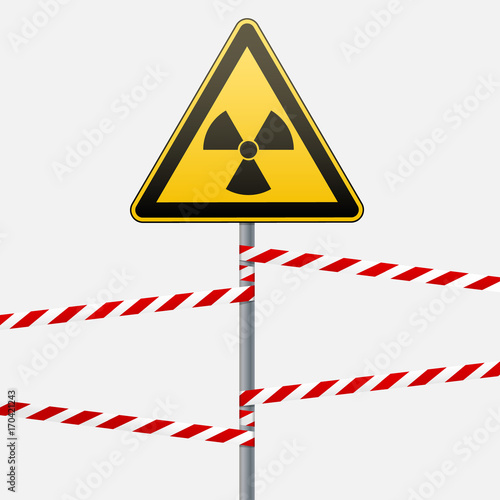 Warning sign on a pole and warning bands. Sign of radiation hazards. Vector illustration.