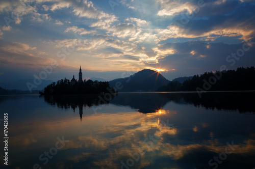 Church on island in Lake Bled n sunrise, Slovenia