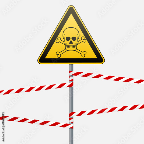 Caution - danger Warning sign safety. Poisonous and hazardous substances. Mortal danger - poison. A yellow triangle with a black image. The sign on the pole and protecting ribbons. Vector Image.