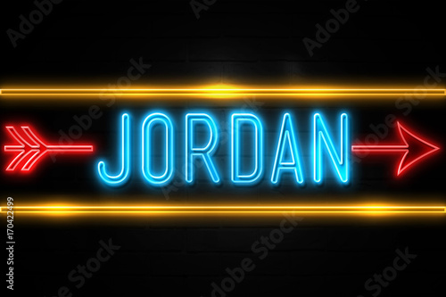 Jordan - fluorescent Neon Sign on brickwall Front view