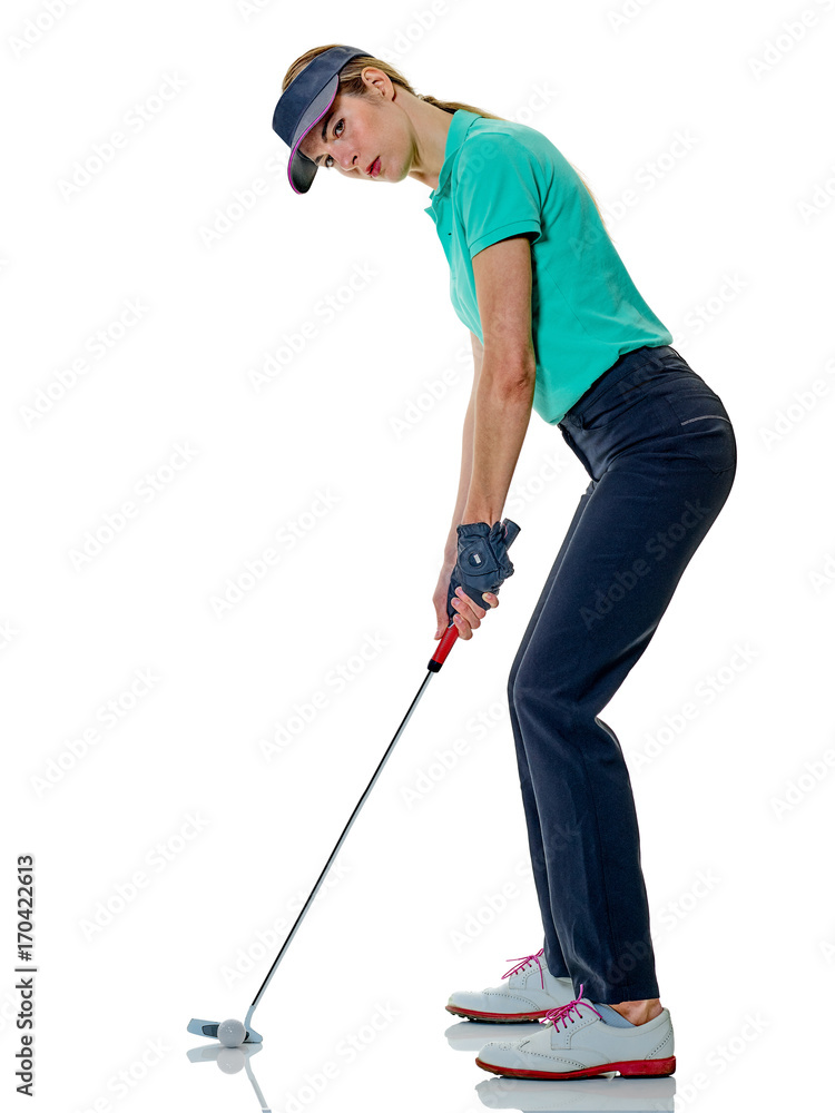 one caucasian woman woman golfer golfing in studio isolated on white background
