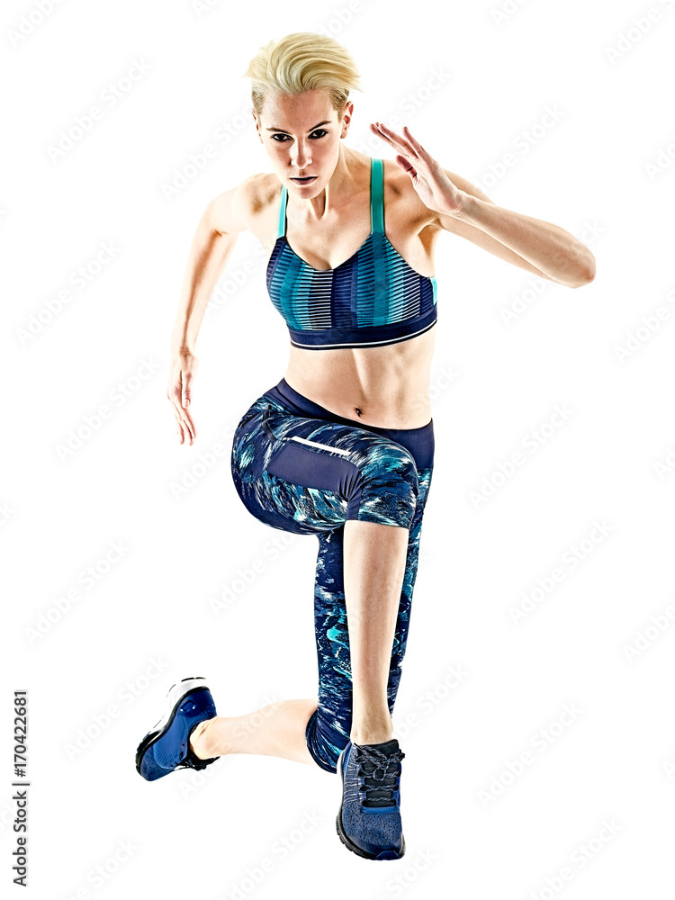 one young caucasian woman runner running jogger jogging studio isolated in white background one young caucasian woman runner running jogger jogging studio isolated in white background