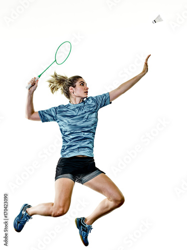 one caucasian young teenager girl woman playing  Badminton player isolated on white background