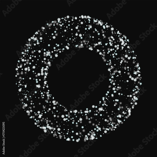 Amazing falling snow. Round bagel frame with amazing falling snow on black background. Vector illustration.