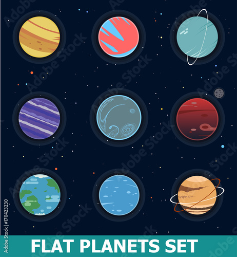 Set of Nine Trendy Sci-fi Non-Realistic Fantsy Planets on Space Background with Stars. Flat Design Vector Illustration.