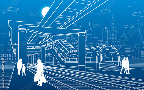 Infrastructure and transport illustration. Monorail railway. People walking under flyover. Crosswalk. Modern night city. Airplane fly. Towers and skyscrapers. White lines. Vector design art