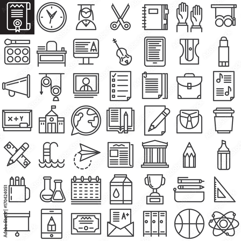 Education line icons set, outline vector symbol collection, linear style pictogram pack. Signs, logo illustration. Set includes icons as Scissors ,ball briefcase, diploma, desk, sharpener, ruler Education line icons set, outline vector symbol collection, linear style pictogram pack. Signs, logo illustration. Set includes icons as Scissors ,ball briefcase, diploma, desk, sharpener, ruler
