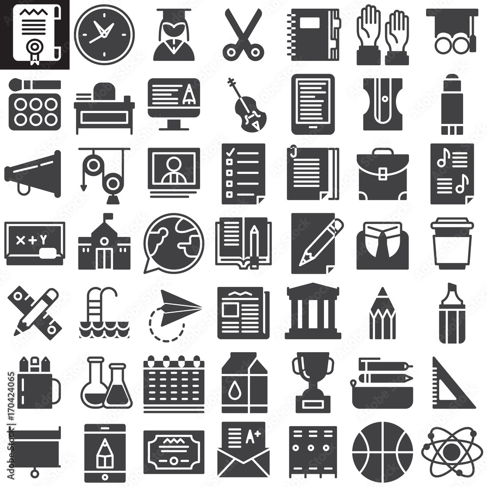 Education vector icons set, modern solid symbol collection, filled pictogram pack. Signs, logo illustration. Set includes icons as Scissors ,ball briefcase, diploma, desk, sharpener, ruler Education vector icons set, modern solid symbol collection, filled pictogram pack. Signs, logo illustration. Set includes icons as Scissors ,ball briefcase, diploma, desk, sharpener, ruler