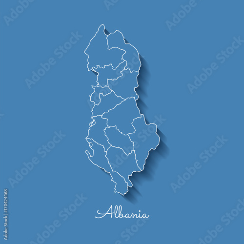Albania region map: blue with white outline and shadow on blue background. Detailed map of Albania regions. Vector illustration.