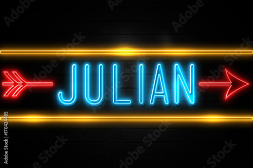 Julian  - fluorescent Neon Sign on brickwall Front view photo