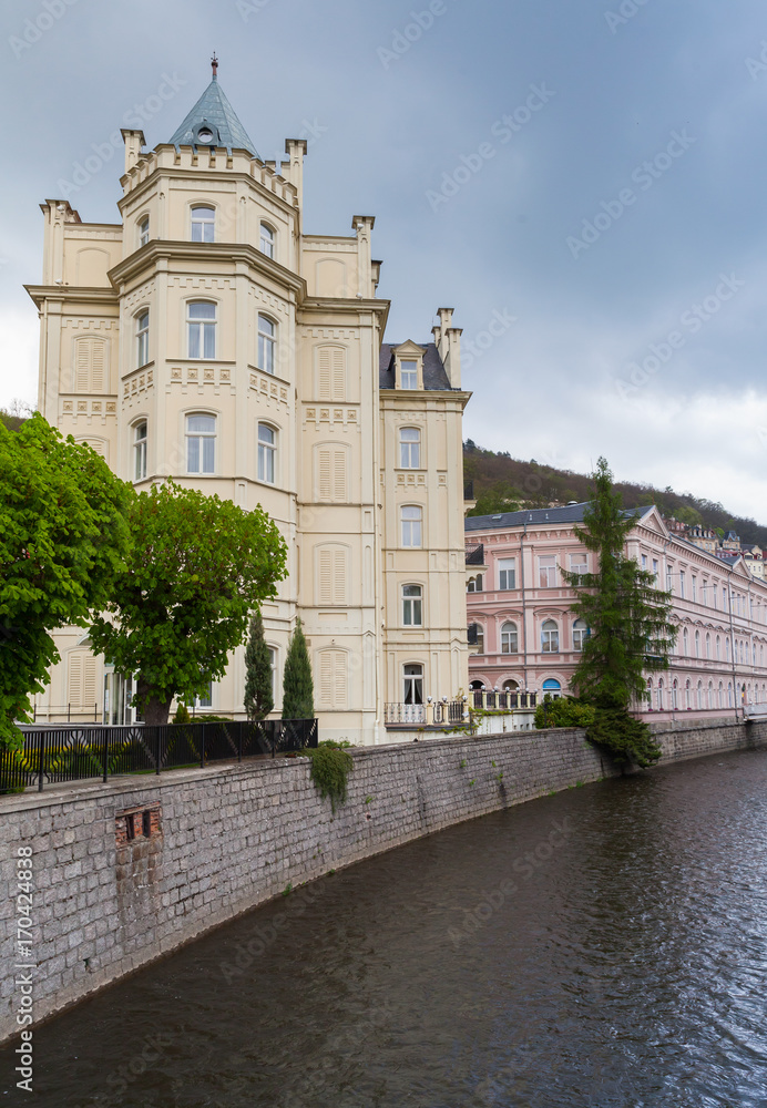 Tepla river, street view of  Karlovy Vary town