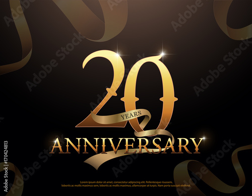 20 year anniversary celebration logotype template. 20th logo with ribbons on black background
