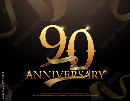 90 year anniversary celebration logotype template. 90th logo with ribbons on black background