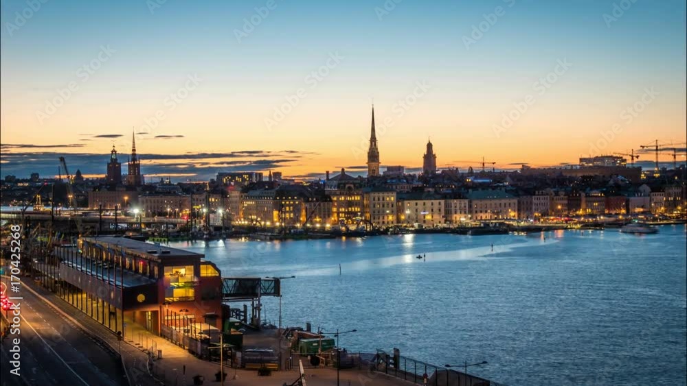 Stockholm, Sweden. Time lapse of Stockholm old town (Gamla Stan) after sunset.