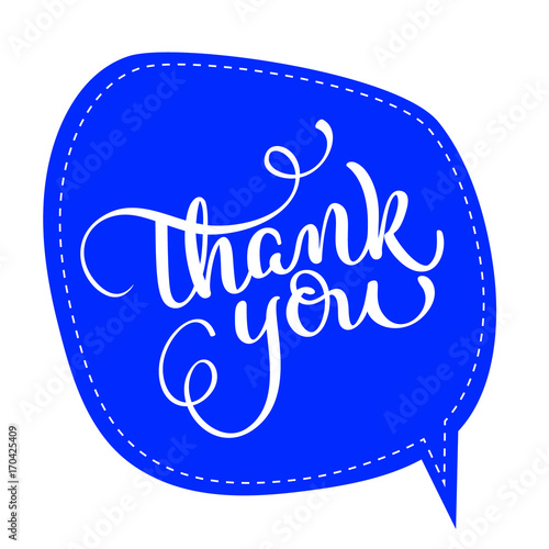 Thank you text on blue tag frame on background. Hand drawn Calligraphy lettering Vector illustration EPS10