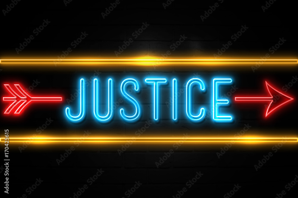 Justice  - fluorescent Neon Sign on brickwall Front view
