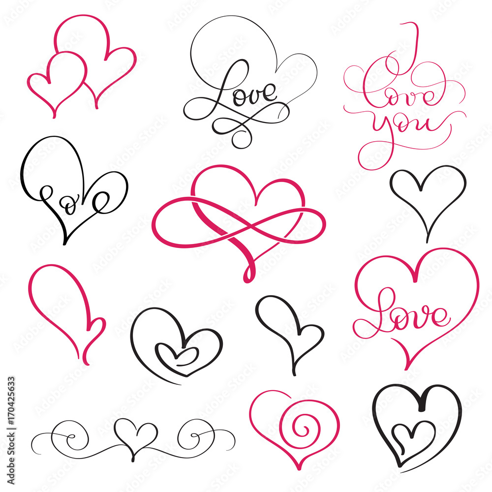 set of flourish calligraphy vintage hearts and some with love word. Illustration vector hand drawn EPS 10