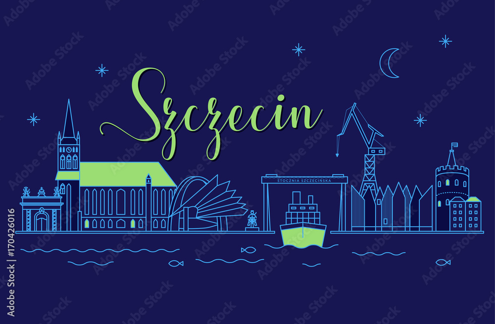 Panorama nocna miasta Szczecin - obrazy, fototapety, plakaty 