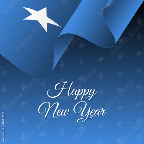 Happy New Year banner. Somalia waving flag. Snowflakes background. Vector illustration.
