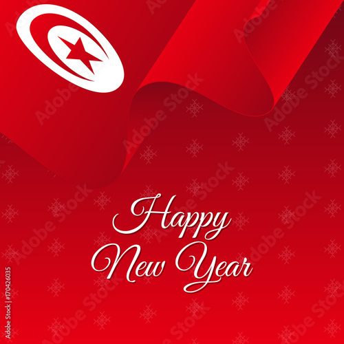 Happy New Year banner. Tunisia waving flag. Snowflakes background. Vector illustration.