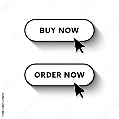 Buy now button. Order now button. Long shadow. Vector illustration.