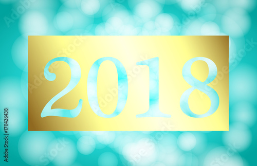 2018 vector illustration carved from gold inscription on blue background with glare flares of bokeh and sparkles.