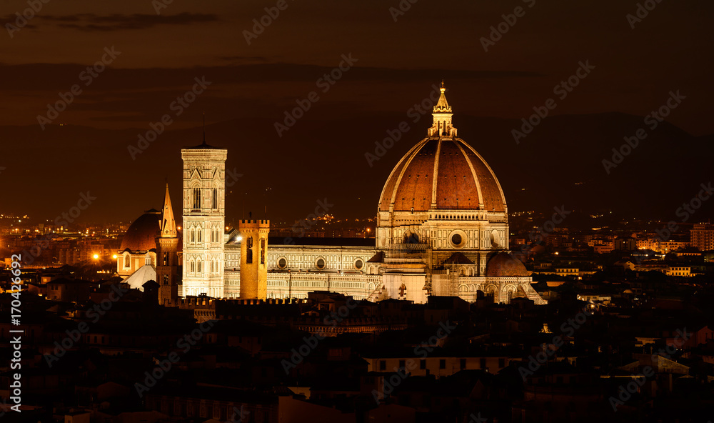 Cathedral Santa Maria of Flowers by Night - from Piazza Michelangelo, Florence, Tuscany, Italy, Europe