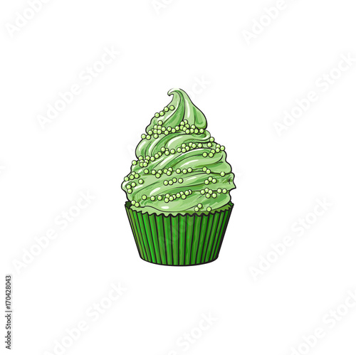 vector sketch hand drawn cupcake with japanese green tea matcha or mint taste. Isolated illustration on a white background. Tasty cookie with cream, cake biscuit sweets with exotic flavor