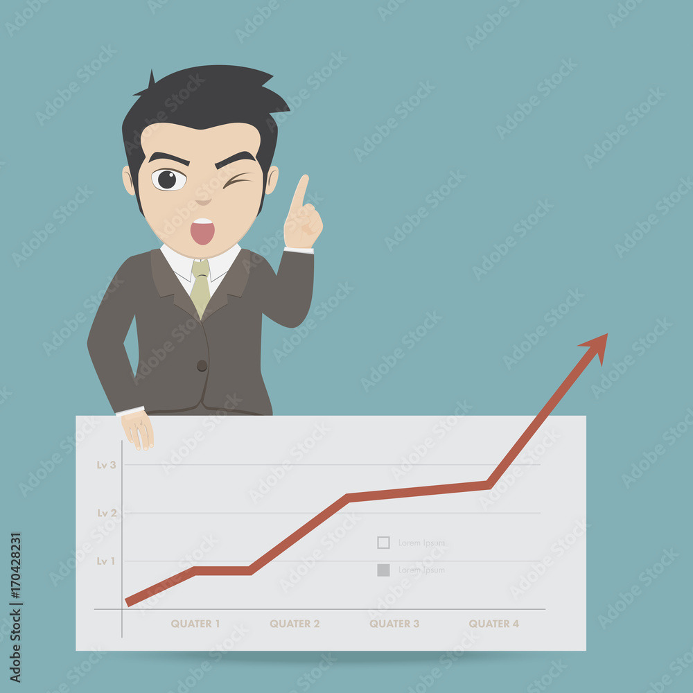 Businessman presenting with red arrow graph on whiteboard. Businessman presenting with red arrow graph on whiteboard.