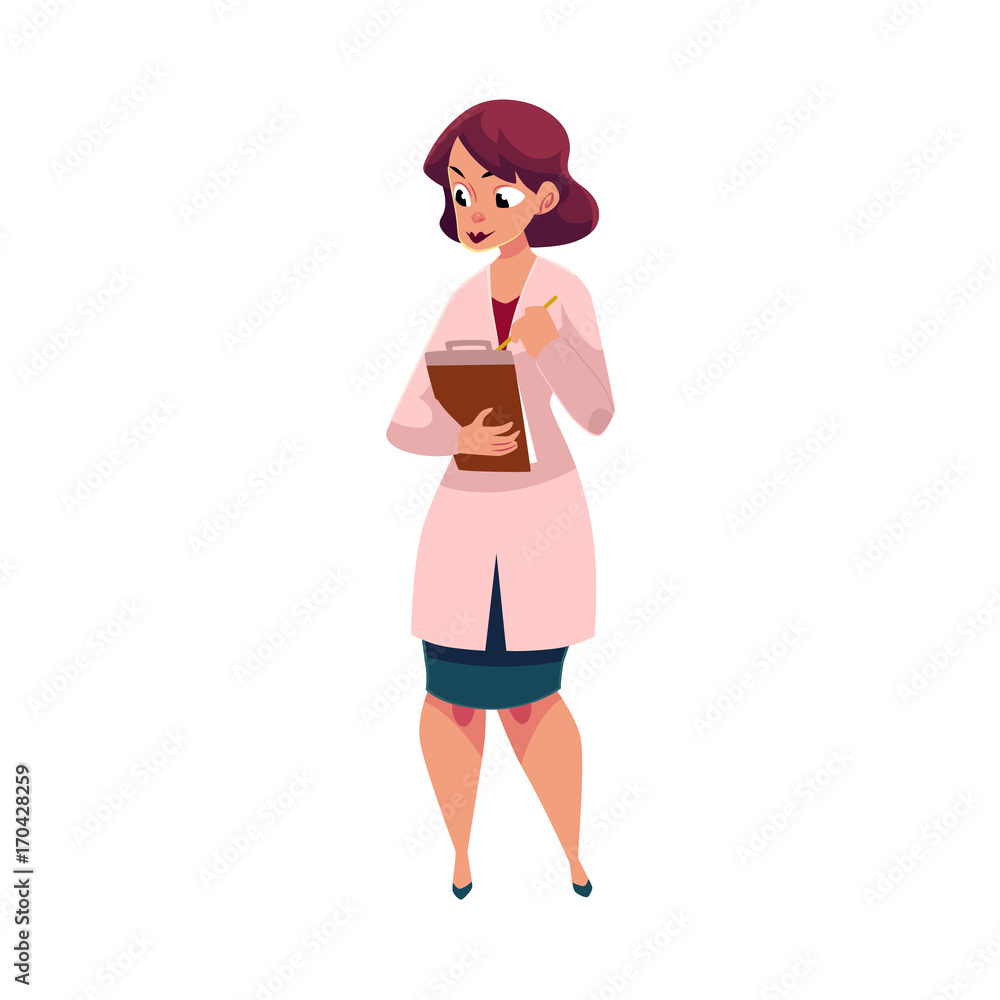 Young woman doctor, therapist filling in medical card, patient chart, cartoon vector illustration isolated on white background. Full length portrait of cartoon woman doctor with medical, patient card Young woman doctor, therapist filling in medical card, patient chart, cartoon vector illustration isolated on white background. Full length portrait of cartoon woman doctor with medical, patient card