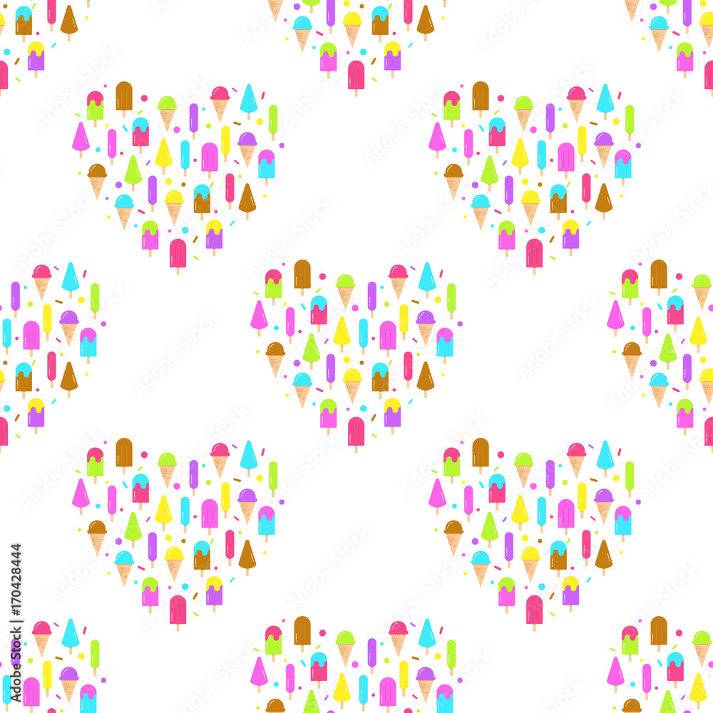 Geometric heart ice cream seamless pattern of colorful set icons isolated on white background.