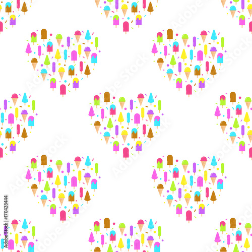 Geometric heart ice cream seamless pattern of colorful set icons isolated on white background.