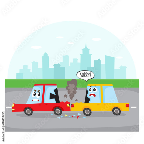 Road accident, rear end collision on city street with car characters, side view cartoon vector illustration. Two cartoon car characters with human faces have road accident, collision on city street