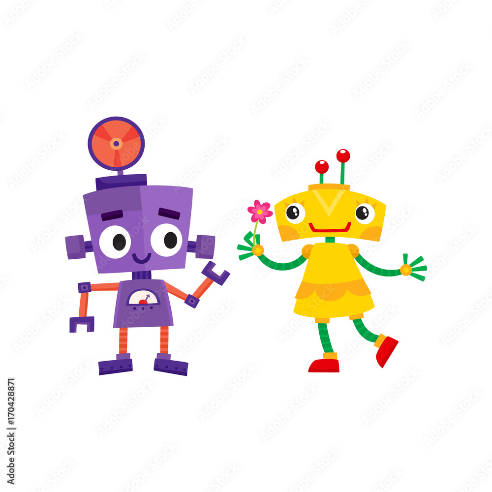 vector flat cartoon funny friendly robot. Humanoid girl holding flower, boy characters with legs arms, with locator on head smiling . Isolated illustration on a white background.