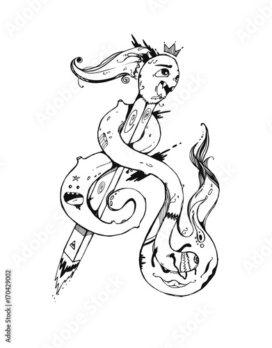 Funny crazy match inside of fire-monster. Modern abstract illustration. Can be used like sticker, cover, background.