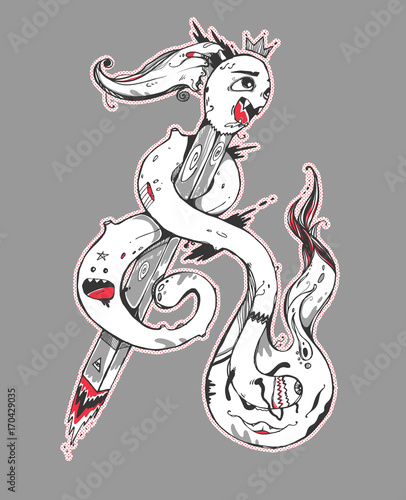 Funny crazy match inside of fire-monster. Modern abstract illustration. Can be used like sticker, cover, background.