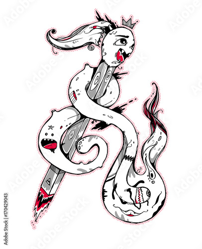 Funny crazy match inside of fire-monster. Modern abstract illustration. Can be used like sticker, cover, background.